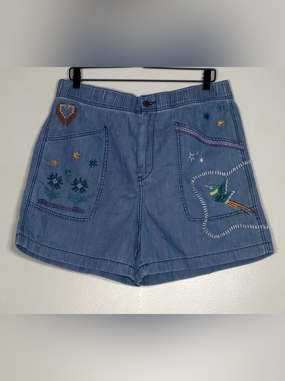 Johnny Was Light Blue Embroidered Denim Shorts